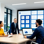 **Image Prompt 1:** A multinational corporation office setting showcasing stakeholder engagement; Diverse employees collaborating in a modern office; CSR report displayed on a large screen; Emphasis on teamwork and sustainability initiatives; safe for work, appropriate content, fully clothed, professional, perfect anatomy, natural proportions, high quality.
