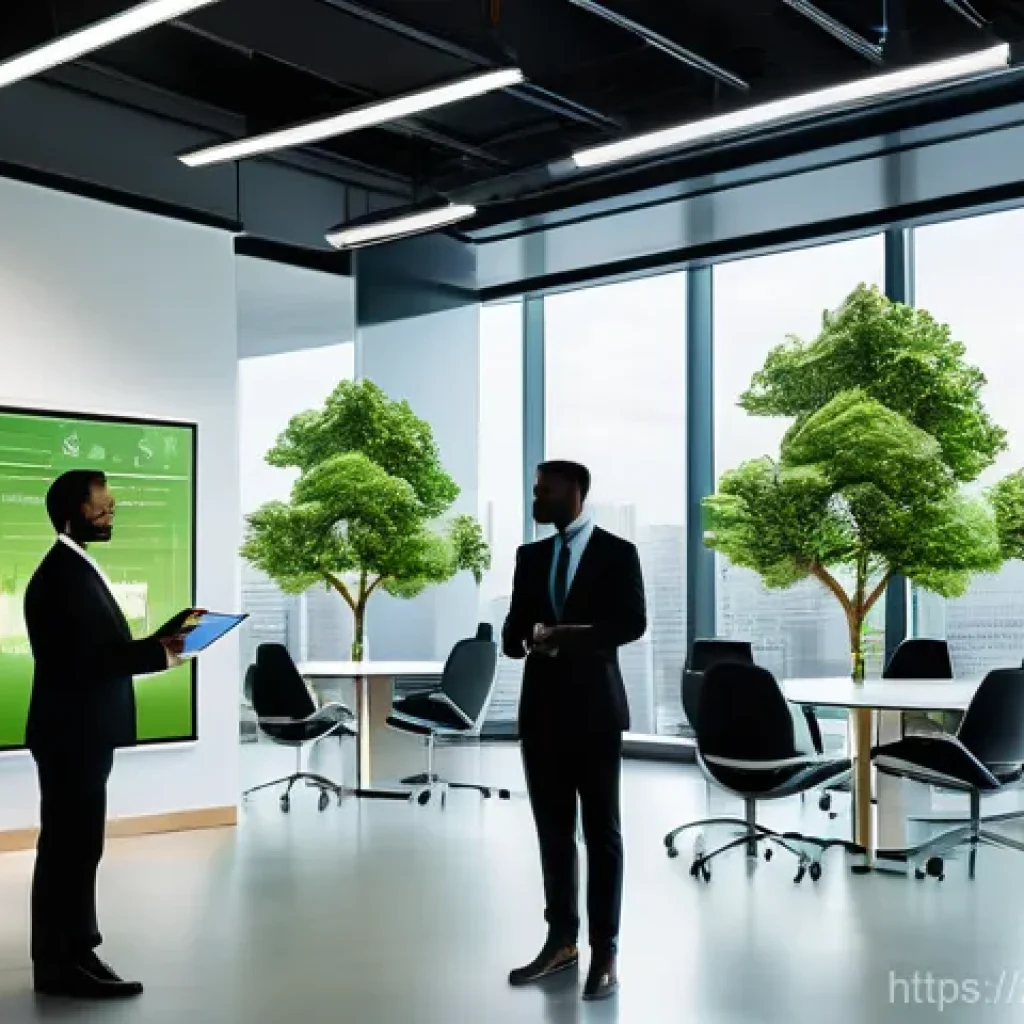 사회적 책임 경영의 학문적 접근과 사례 분석 - **Prompt:** A dynamic, brightly lit, modern corporate office interior. A diverse team of 5-6 profess...