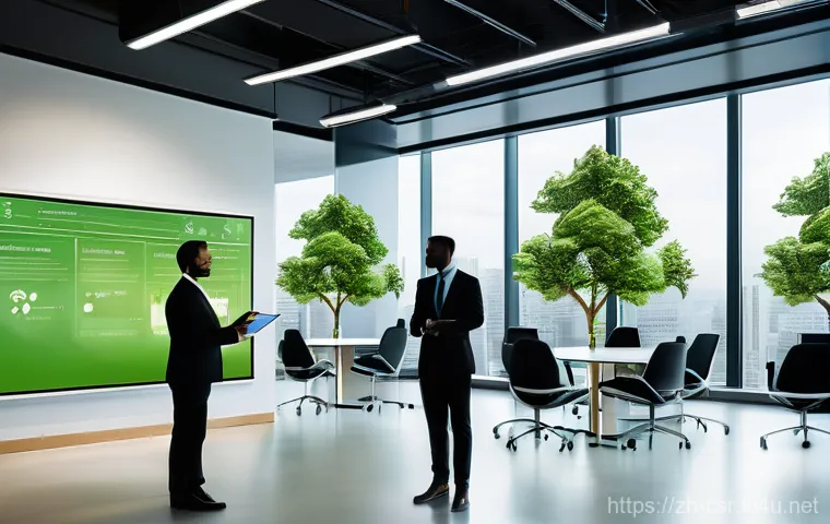사회적 책임 경영의 학문적 접근과 사례 분석 - **Prompt:** A dynamic, brightly lit, modern corporate office interior. A diverse team of 5-6 profess...