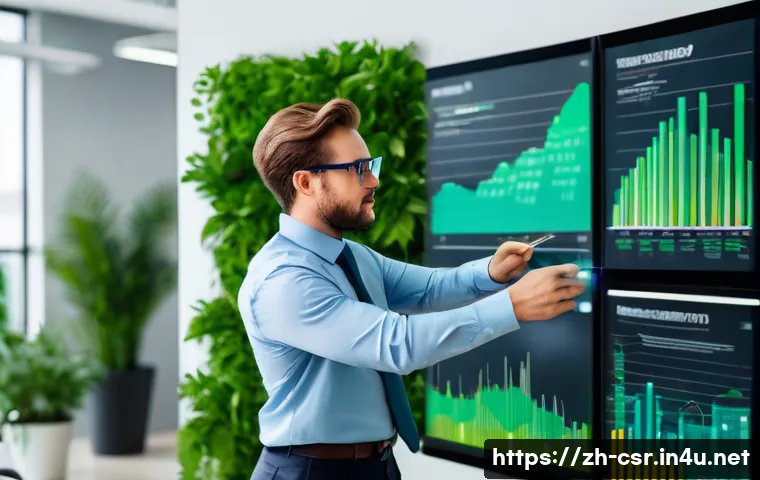 사회적 책임 경영 자격증으로 가능한 직무 소개 - A professional environmental protection officer in a modern corporate office, reviewing data on larg...