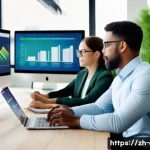 사회적 책임 경영 직무에서의 커리어 성장 전략 - A modern corporate office scene showcasing a diverse team of professionals collaborating on a social...