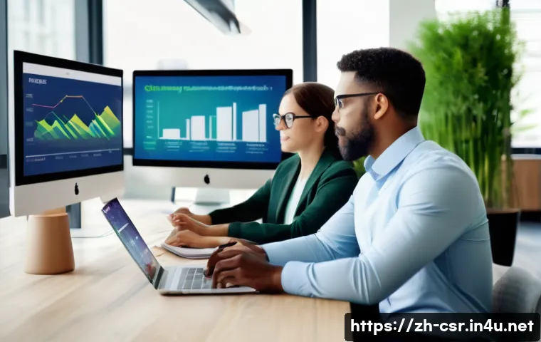 사회적 책임 경영 직무에서의 커리어 성장 전략 - A modern corporate office scene showcasing a diverse team of professionals collaborating on a social...
