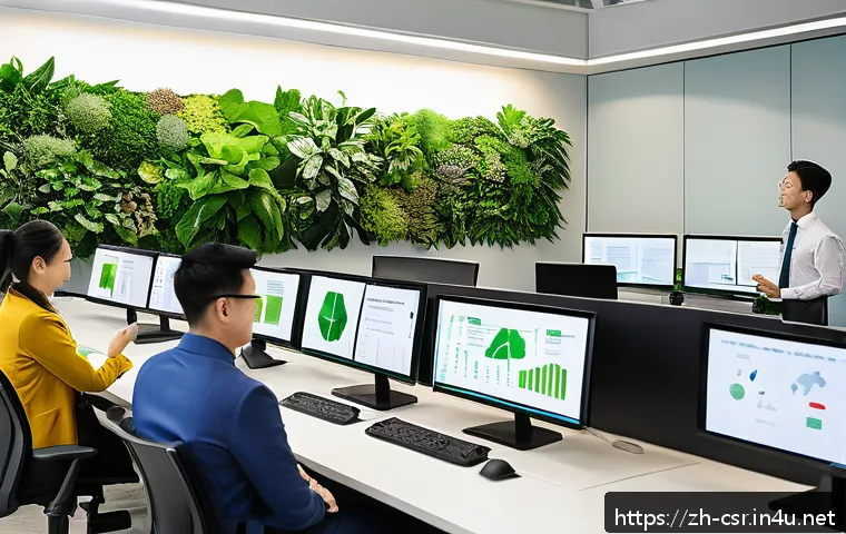사회적 책임 경영 이론과 실제 - A modern corporate office environment showcasing a diverse group of professional employees wearing b...