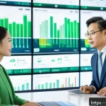사회적 책임 경영 분야 추천 리더십 도서 - A modern corporate leader in a sleek office environment, thoughtfully reviewing sustainable business...