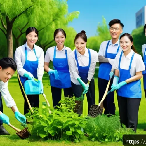사회적 책임 경영 취업 성공 스토리 - A modern corporate office scene showing diverse employees engaged in a community volunteer event, we...