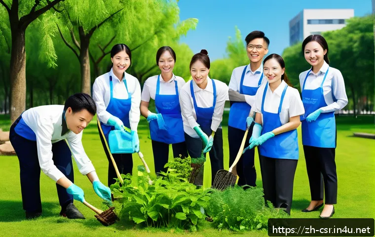 사회적 책임 경영 취업 성공 스토리 - A modern corporate office scene showing diverse employees engaged in a community volunteer event, we...